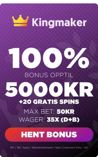 kingmaker casino bonuspanel som viser velkomsttilbudet