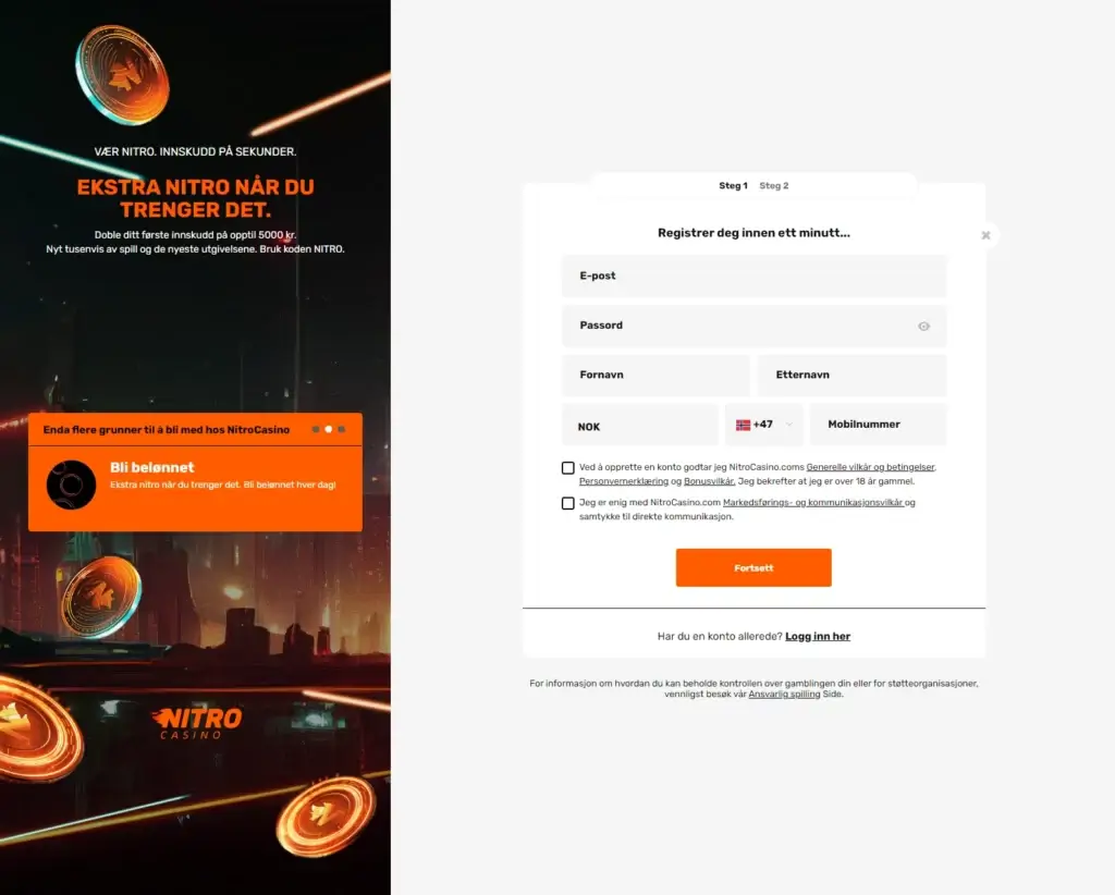 Registrer din nye spillekonto hos Nitro Casino