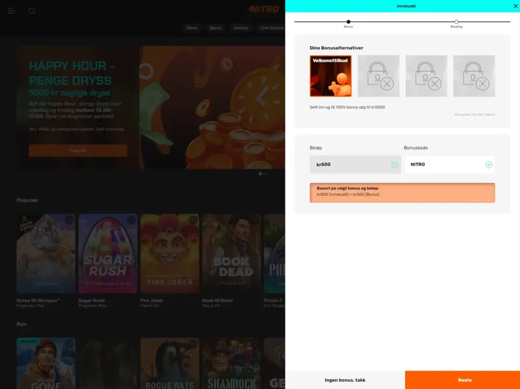 Aktiver velkomstbonusen din hos Nitro casino