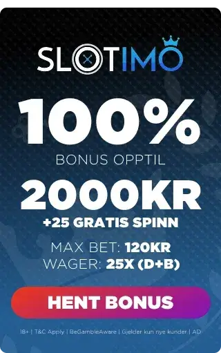 slotimo casino bonuspanel som viser velkomsttilbudet