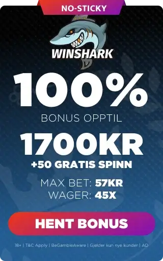 winshark casino bonuspanel som viser velkomsttilbudet