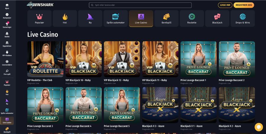 WinShark live casino utvalg