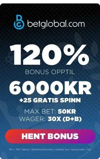 betglobal casino bonuspanel som viser velkomsttilbudet