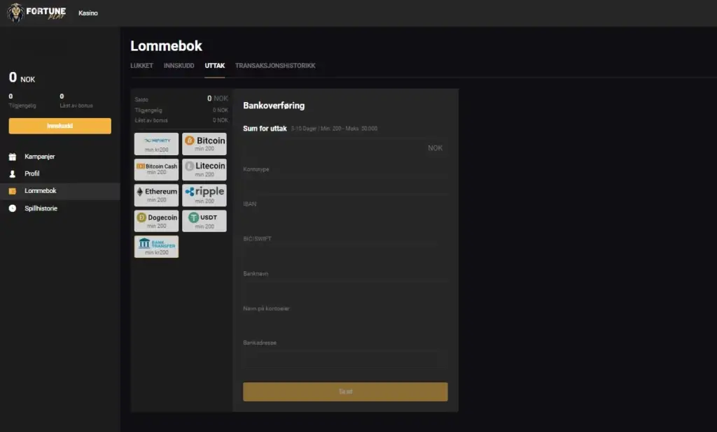 Velg din uttaksmetode hos Fortune Play, bør være av samme art som din innskuddsmetode. 