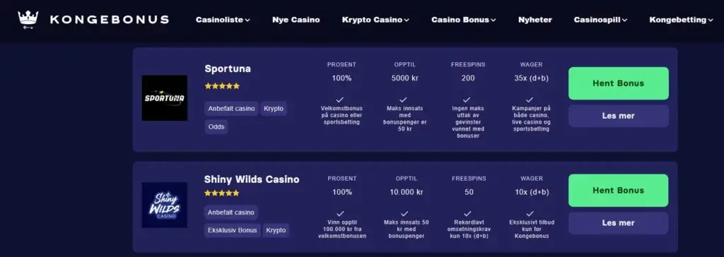 Kongebonus casinoliste