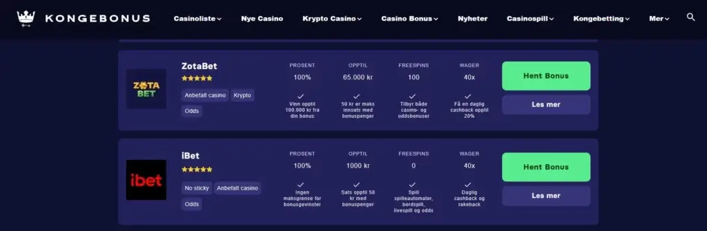 Casinoliste på Kongebonus