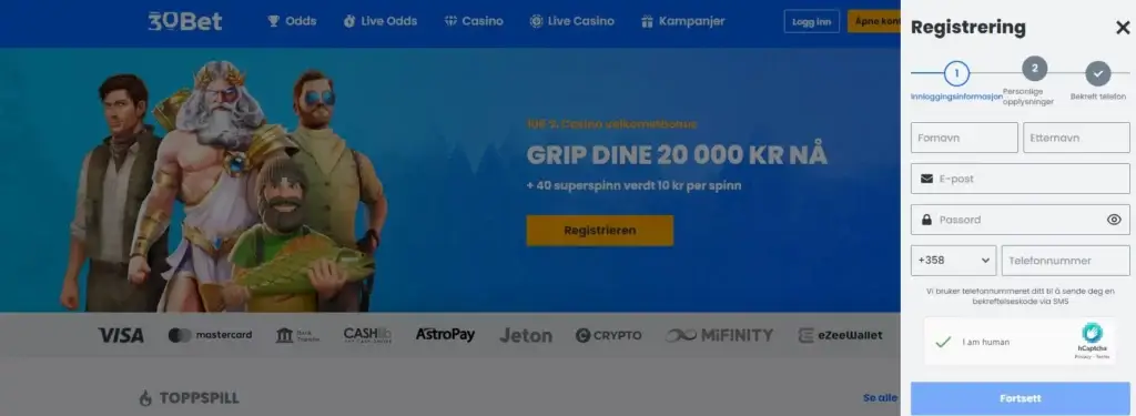 Registrer deg på 30Bet