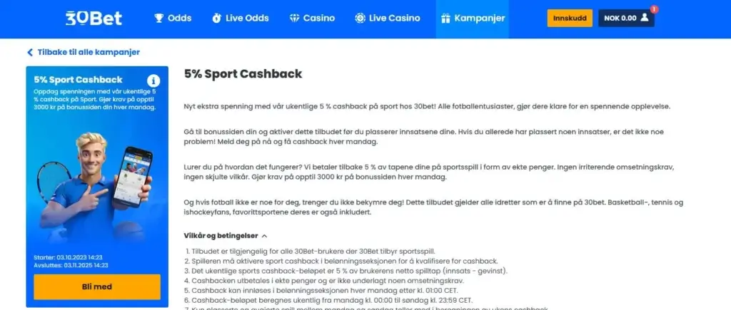 Velg bonus og gjør innskudd på 30Bet
