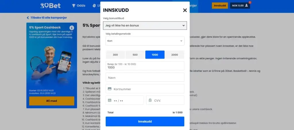 Betalingsmetoder på 30Bet