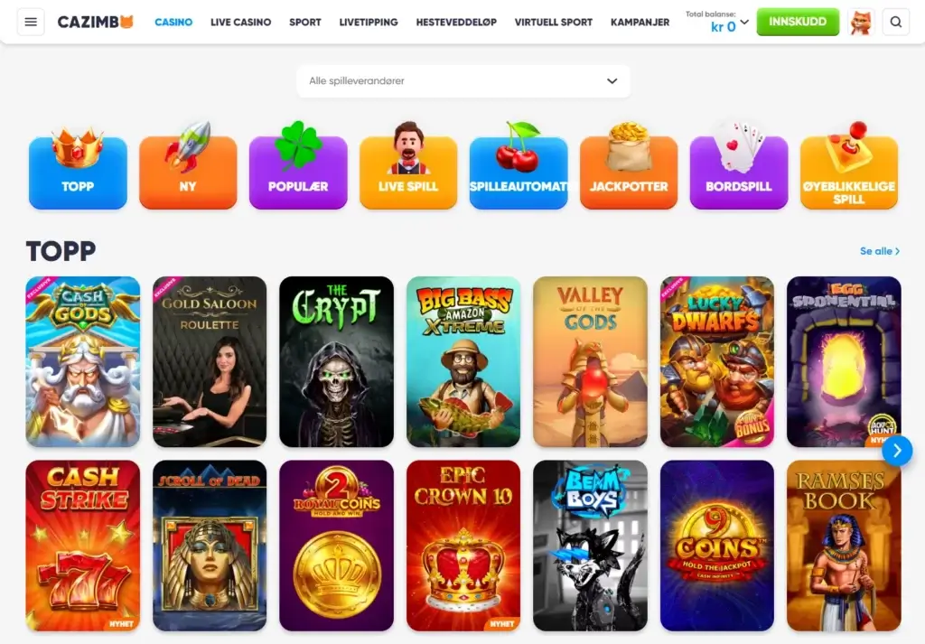 Spillutvalget hos Cazimbo med 10.000 casinospill og tusentvis av odds.