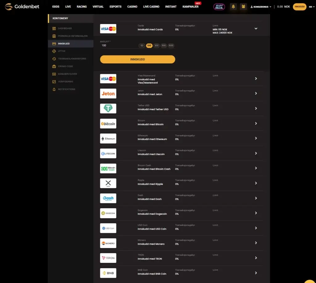 Sett inn ditt første innskudd hos Goldenbet 