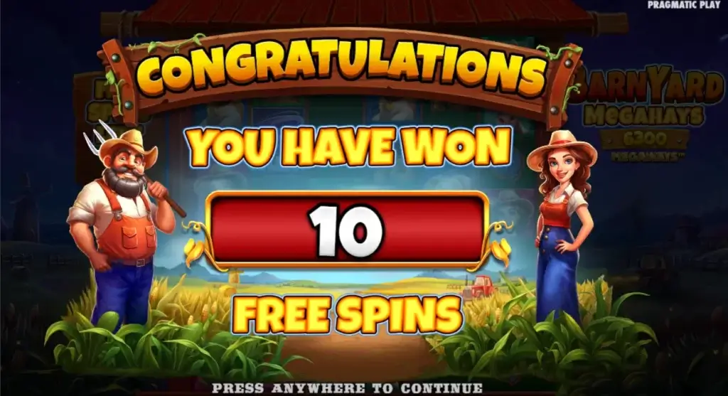 10 gratisspinn i bonusrunden Barnyard Megahays Megaways