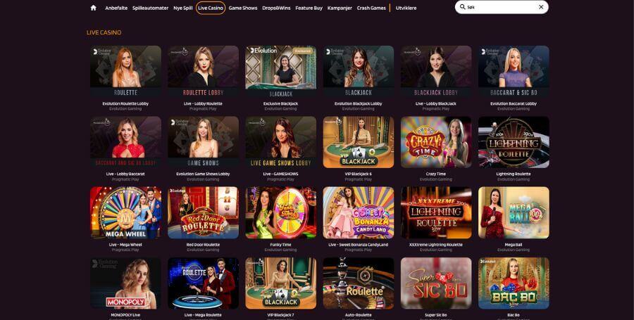 HappySlots live casino utvalg