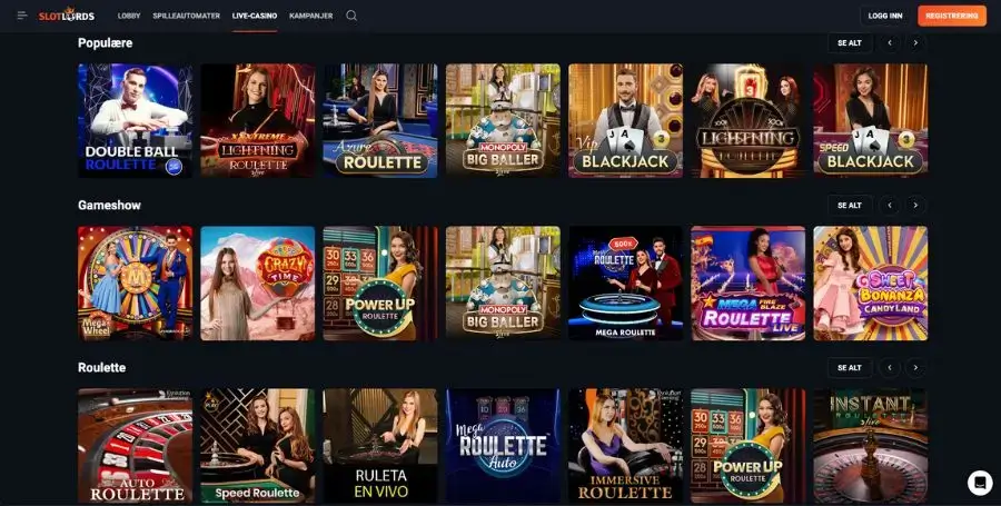 SlotLords live casino utvalg