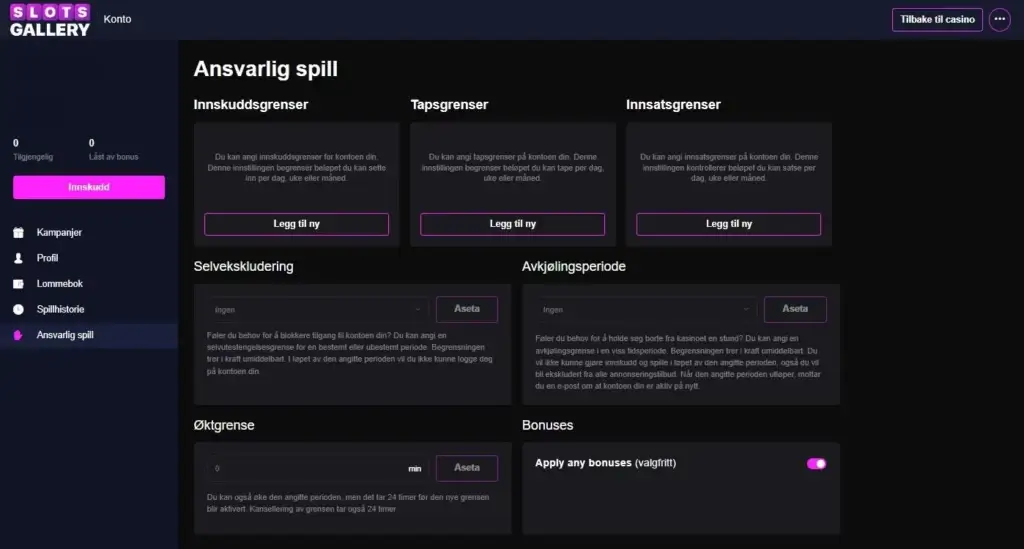 Ansvarlig spilling hos Slots Gallery med innskuddsgrenser, tapsgrenser, innsatsgrenser, selvekskludering, avkjølingsperioder og øktgrenser.