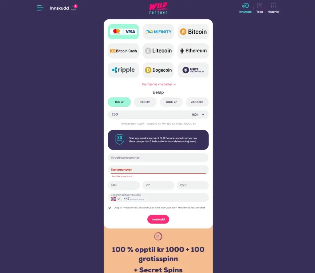 Gjør ditt første innskudd hos Wildfortune.io