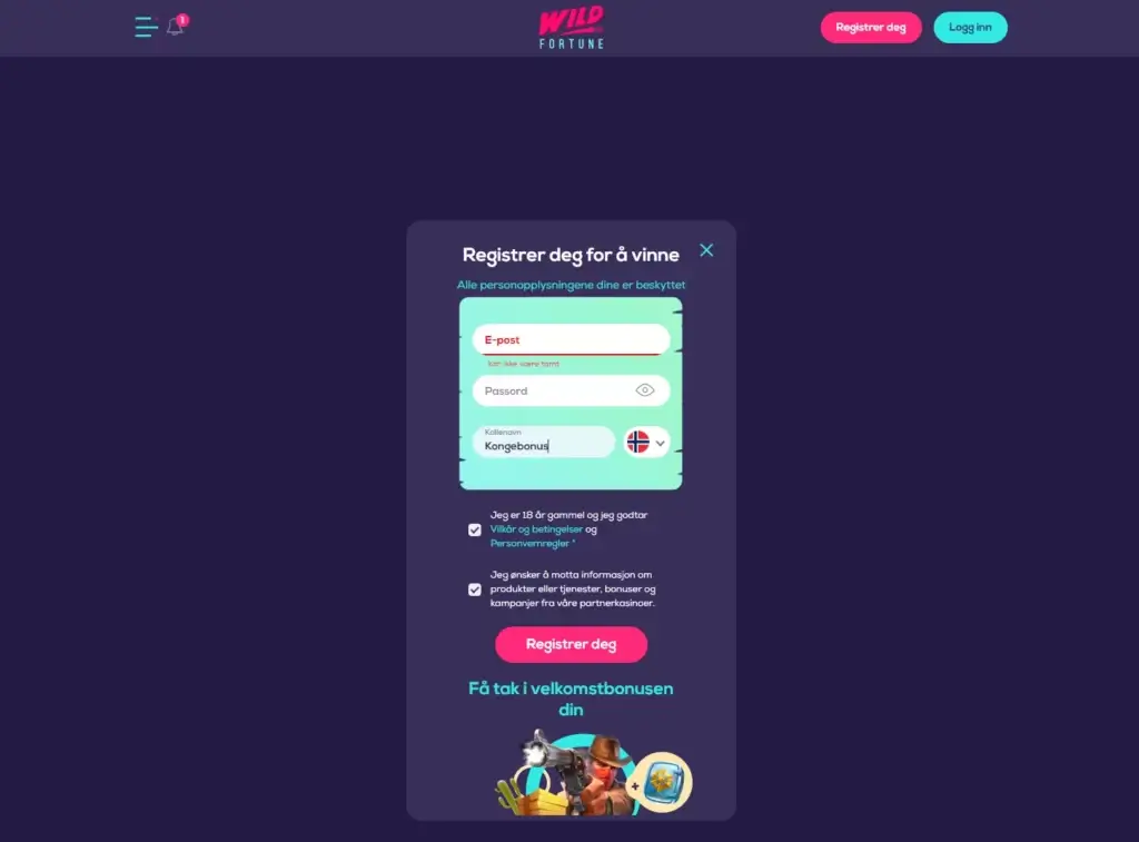 Registrer din nye spillekonto hos Wildfortune.io