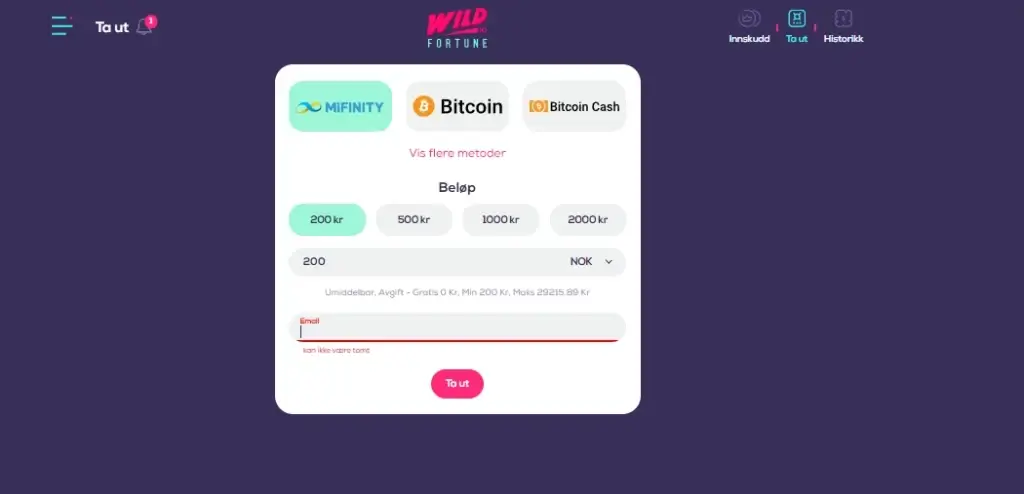 Uttaksprosessen hos Wildfortune.io