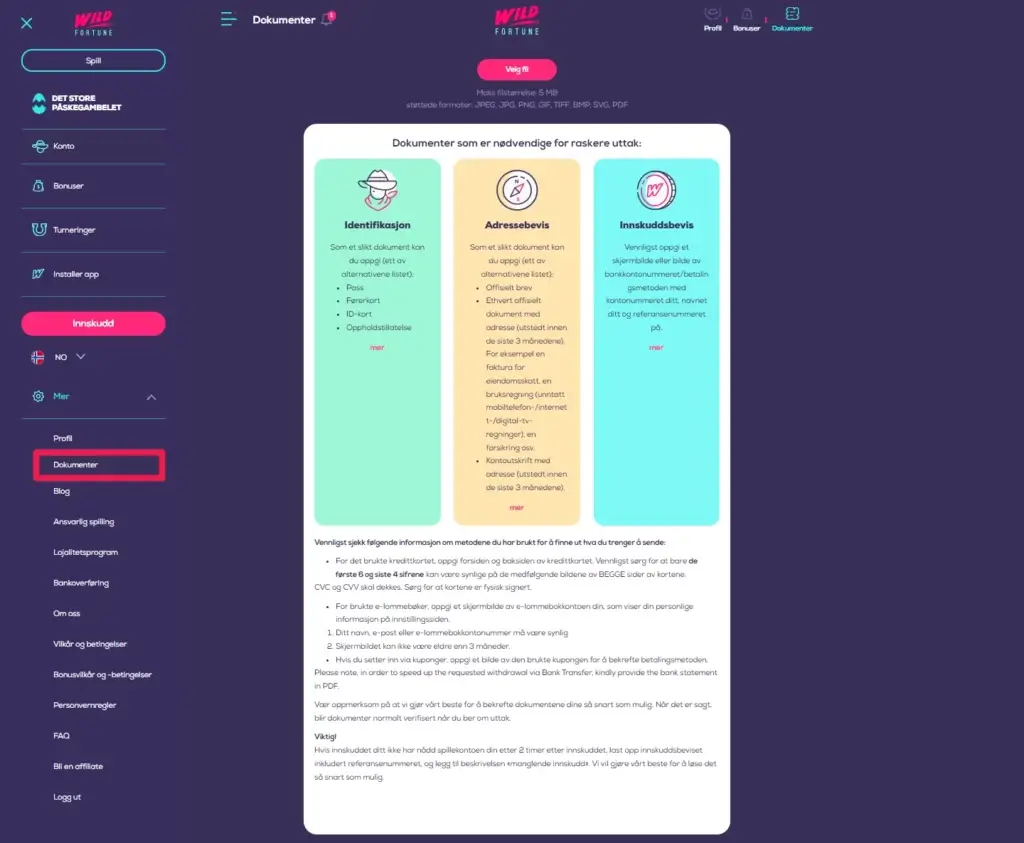 Slik verifiserer du konto før uttak hos Wildfortune.io