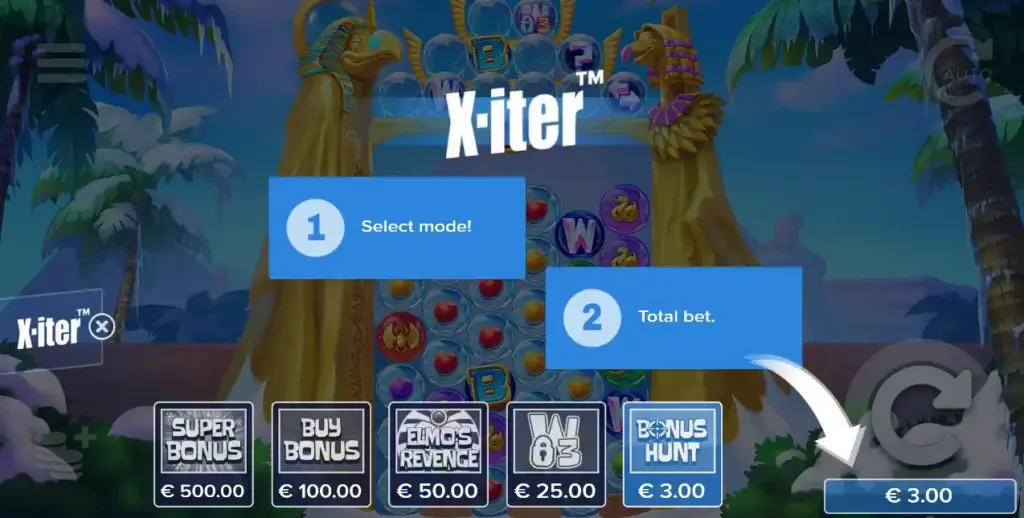 Hele 5 forskjellige alternativ finnes i X-iter menyen i tropicool 3. Her kan du betale fra 3x til 500x innsatsen for forskjellige modi av spillet.