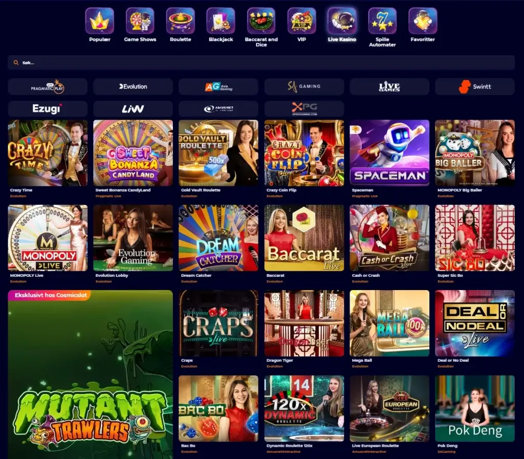 I Live casinoet til Cosmicslot finnes alt fra spennende game shows og klassiske bordspill til eksklusive VIP-opplevelser.
