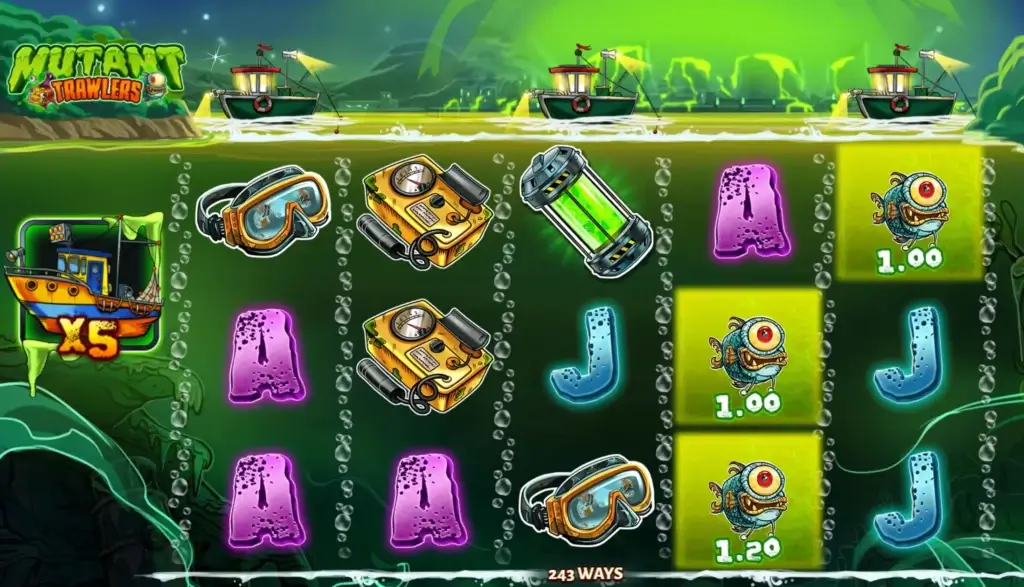 Mutant Trawlers grunnspill med trålere på toppen og fiskepengesymbol