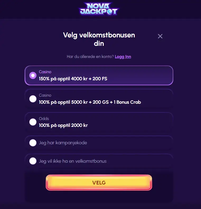 Velg bonusen du foretrekker