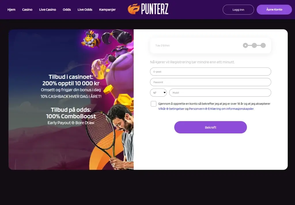 Registrer en konto hos Punterz casino