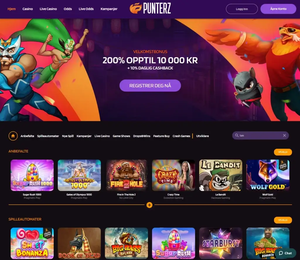 Forsiden til Punterz casino