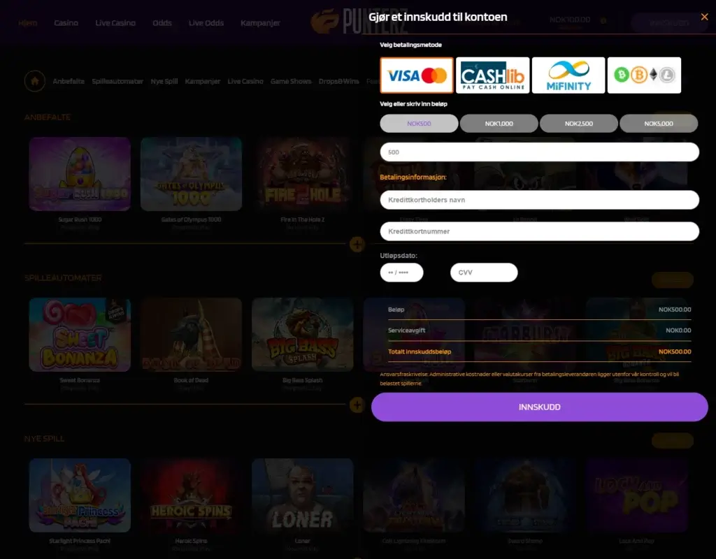 Gjør ditt første innskudd hos Punterz casino