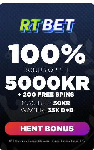 rtbet casino bonuspanel som viser velkomstbonus med prosent, omsetningskrav, max bet og høyest oppnåelig bonus. 