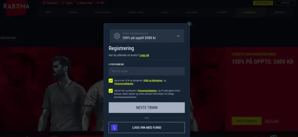 Registrere seg på Rabona casino