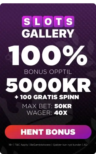 slots gallery casino bonuspanel som viser velkomstbonus med prosent, omsetningskrav, max bet og høyest oppnåelig bonus. 