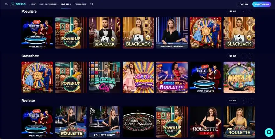 Spinjo live casino utvalg