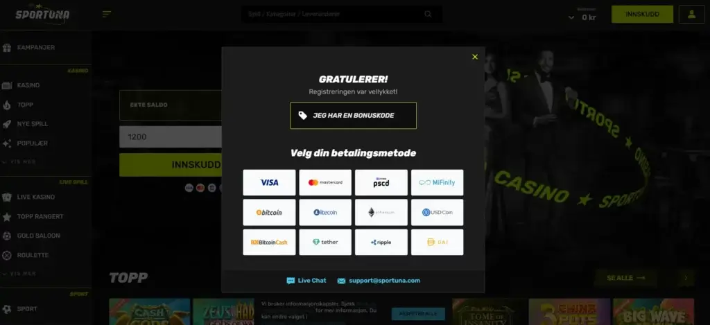 Velg betalingsmetode hos Sportuna