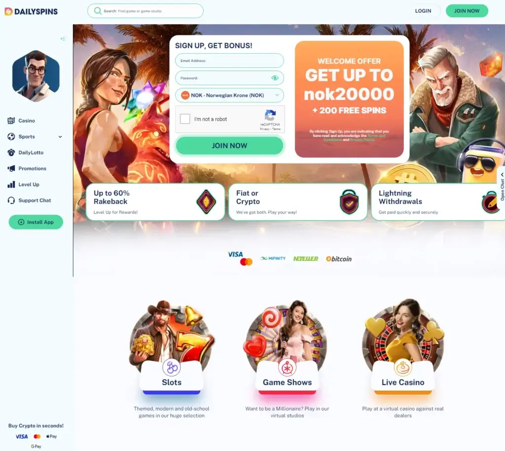 Dailyspins casino forside