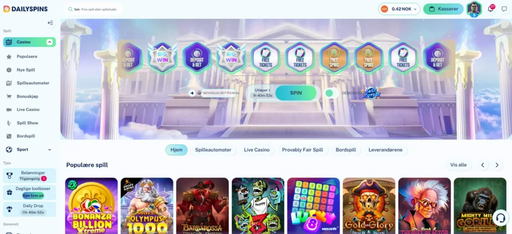 dailyspins fremside med menyer og diverse kampanjer og tilbud