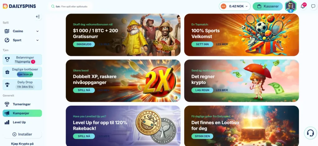 Dailyspins casino skjermbilde av kampanjesiden med alle tilbud i forskjellige vertikaler