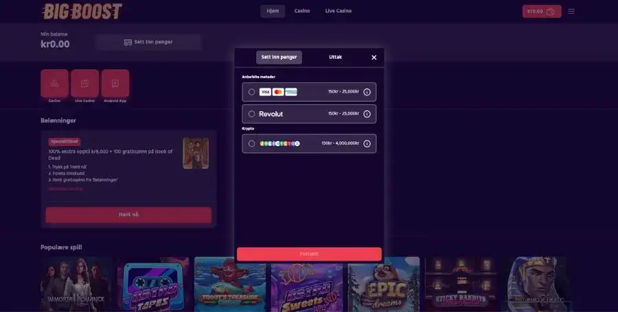 Innskuddsiden hos Big Boost