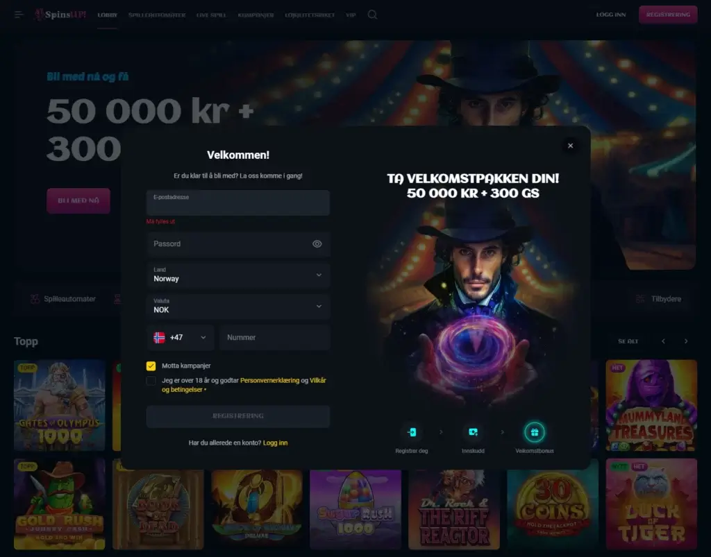 Registrer spillekonto