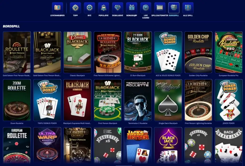 bordspill hos Wonaco, inkludert Roulette, Blackjack, Poker og Baccarat