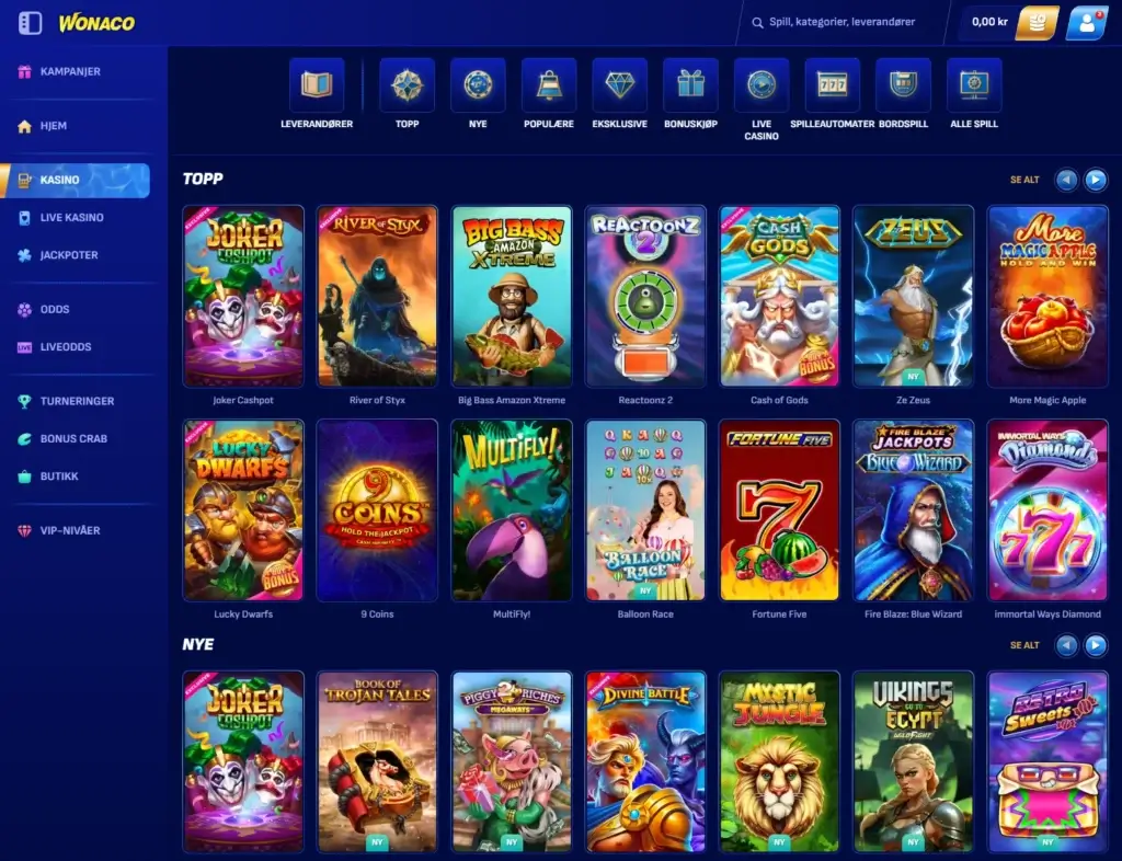 Mer enn 8000 casinospill på wonaco