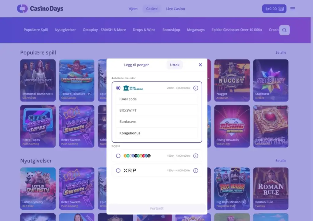 Hos CasinoDays kan du ta ut via bankoverføring med IBAN og SWIFT