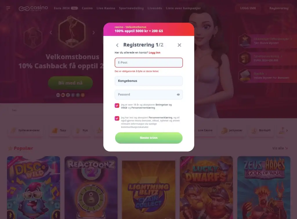 Opprettelse av ny spillekonto på casino infinity