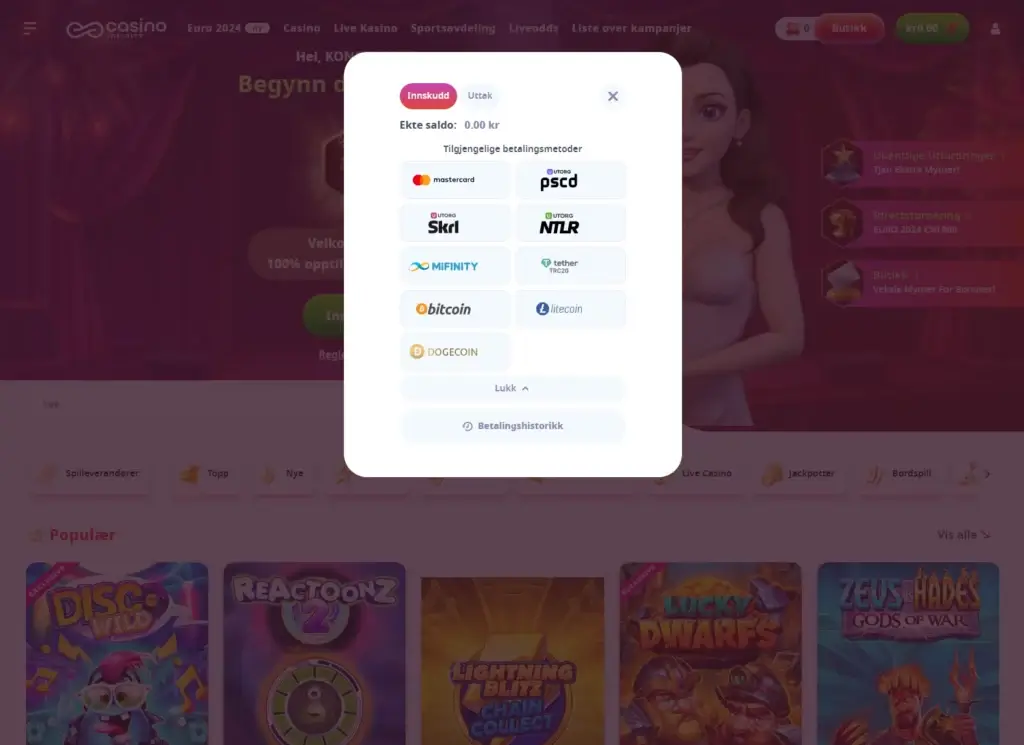 betalingsmetoder for innskudd på Casino Infinity