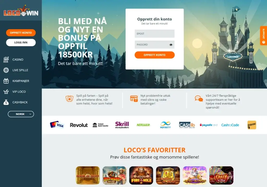 Locowin forside. Lag ny konto via Kongebonus og få din eksklusive bonus