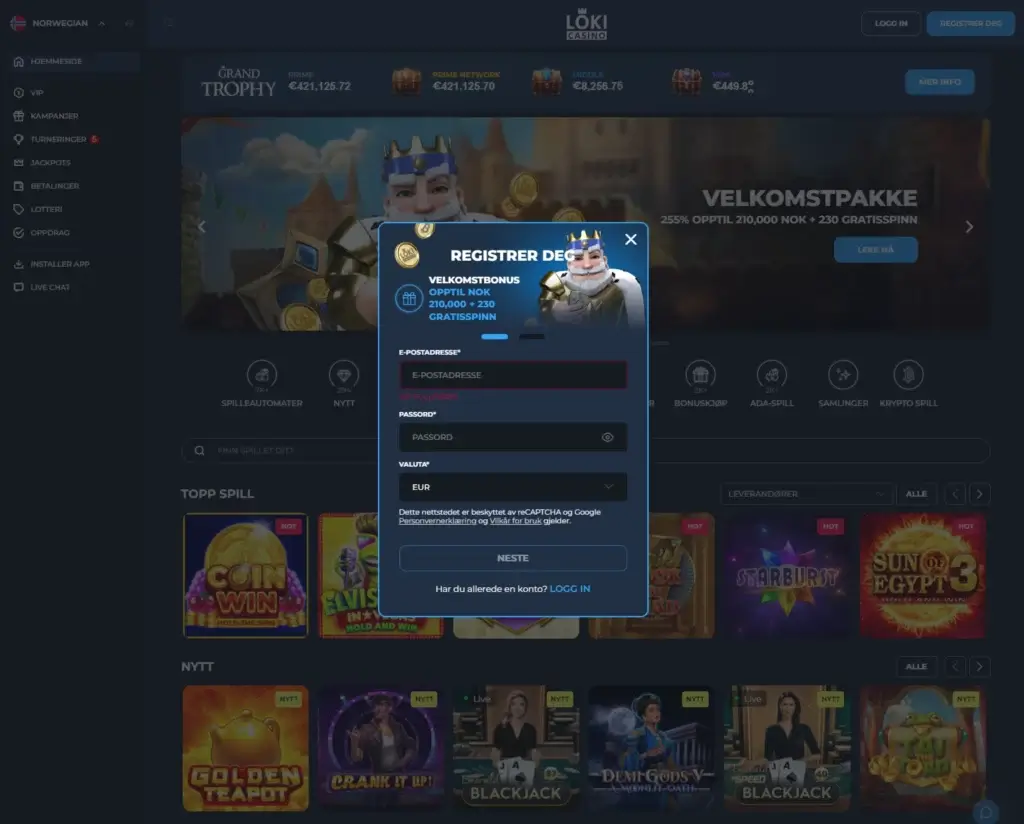 Registrer konto hos Loki Casino