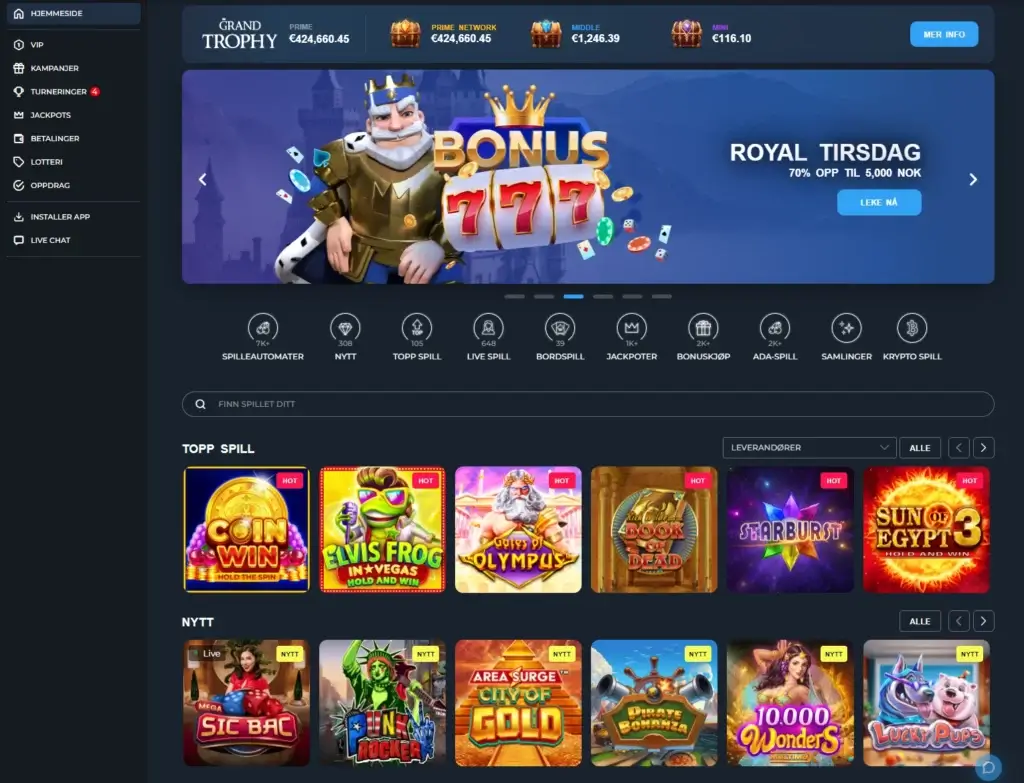 Loki Casino tilbyr nesten 10.000 casinospill sortert i kategorier som spilleautomater, livespill, bordspill og temabaserte samlinger, samt en egen kategori for kryptospill.