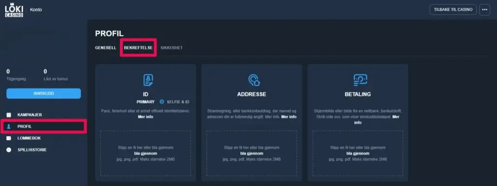Slik verifiserer du konto før uttak hos Loki Casino