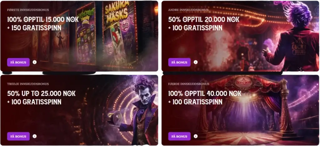 Aktiver bonuser opptil 100.000 NOK og 450 gratisspinn på dine første fire innskudd hos Lucky Circus.